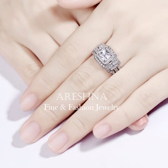 S925 3Pcs Square 1ct Round Diamond Engagement Ring - Picture 4 of 8